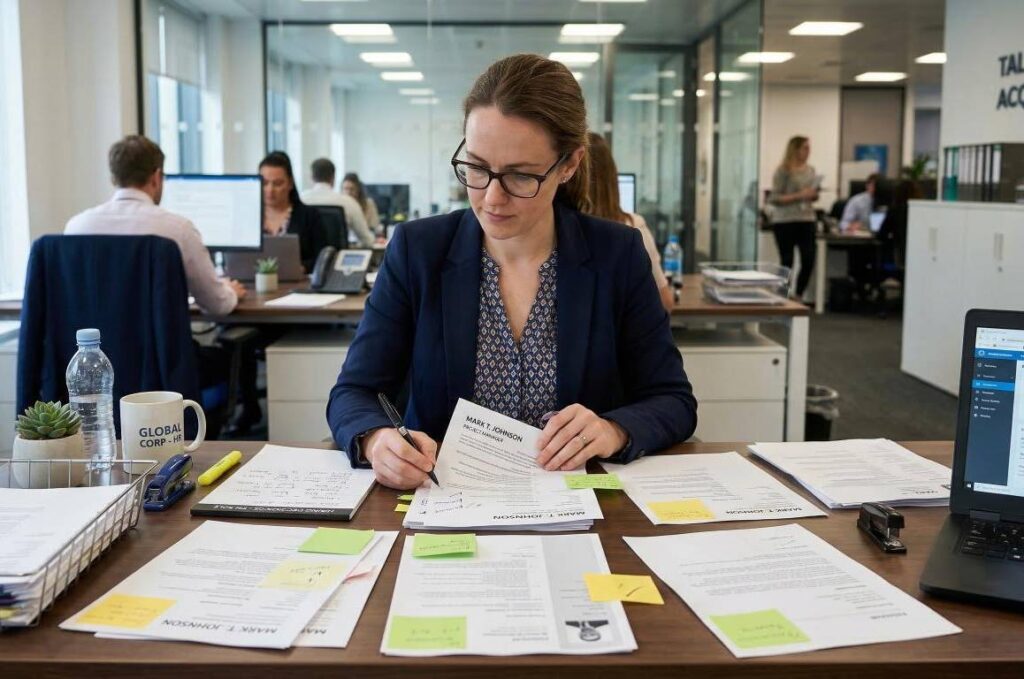 HR professional reviewing resumes and selecting candidates for job roles