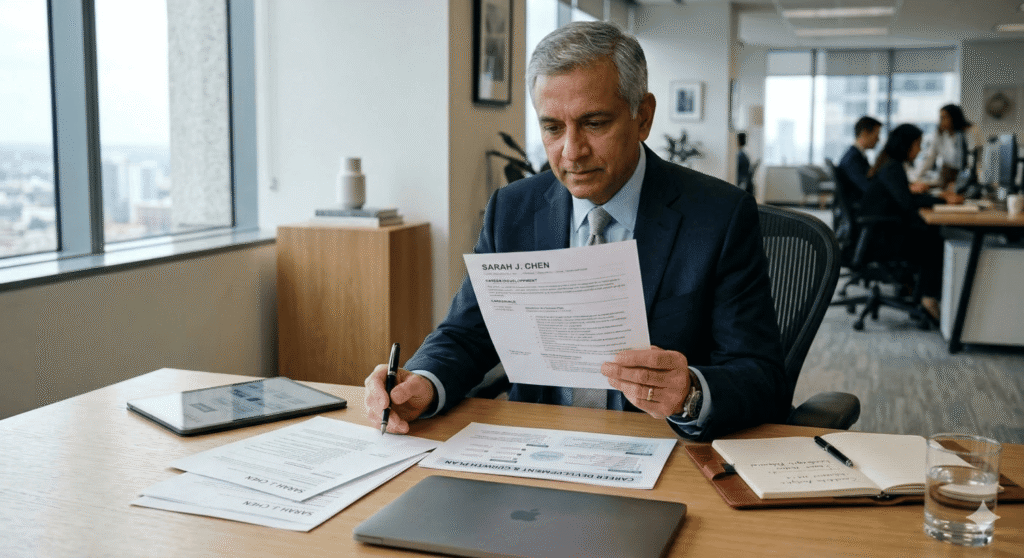 Senior professional reviewing resume and planning career growth strategy